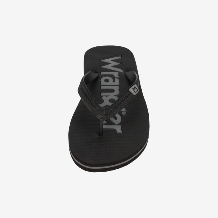 Black sandal with brand logo on a white background