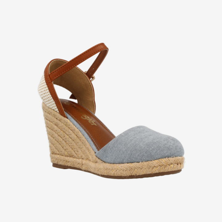 Gray wedge sandal with brown strap on a white background