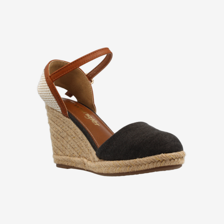 Black wedge sandal with brown strap on a white background