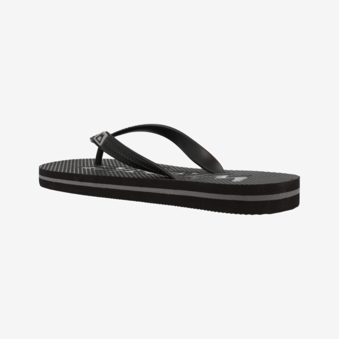 Black sandal with a white sole on a light gray background