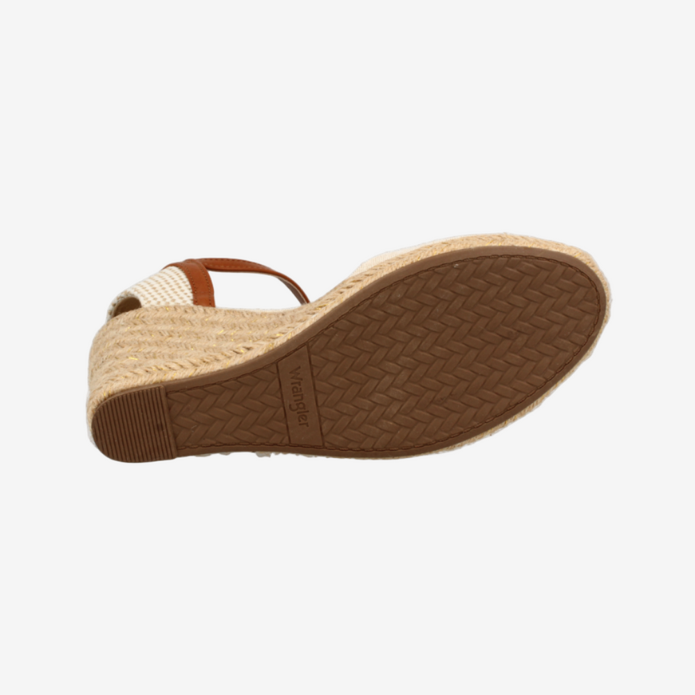 Wedge sandal with textured sole on a white background