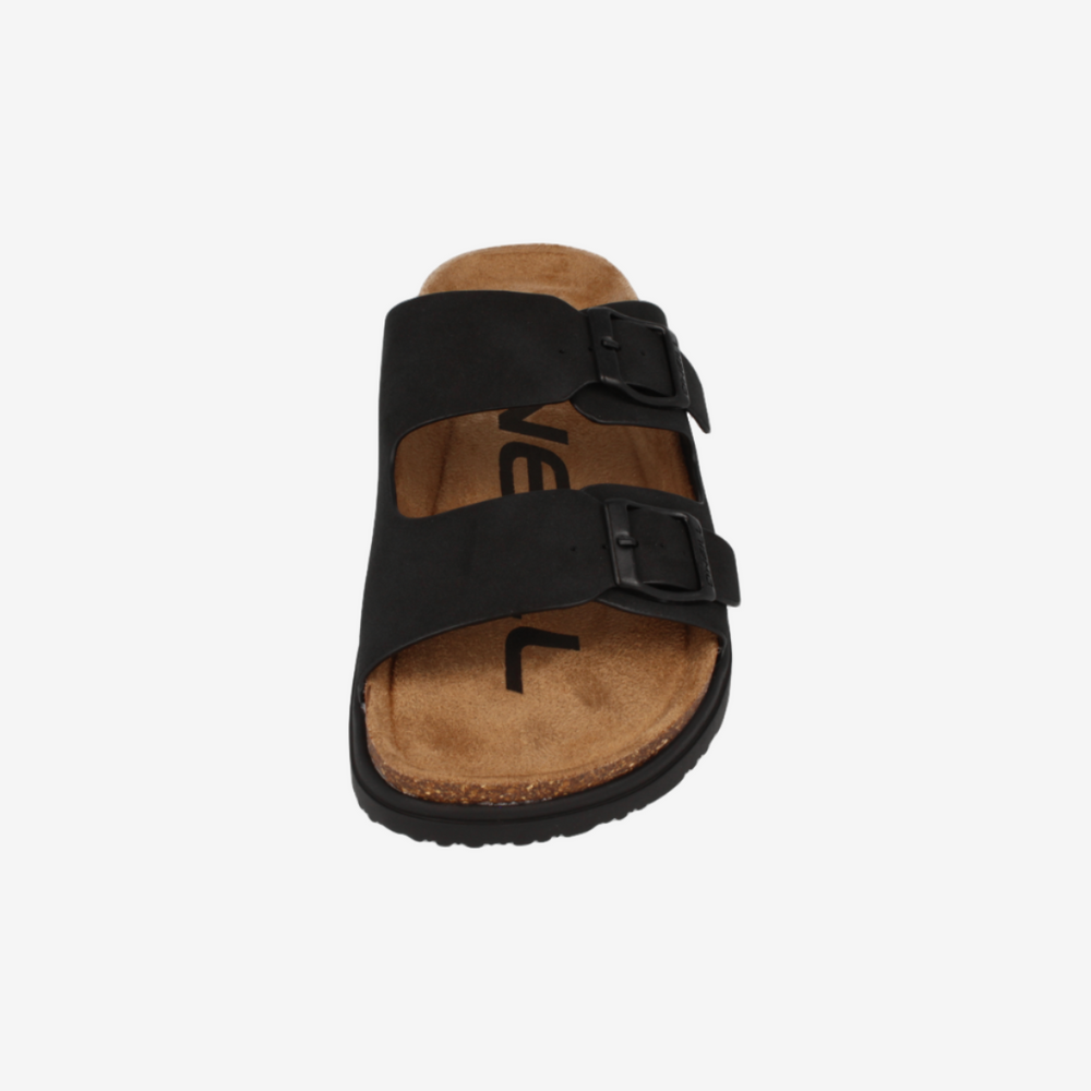 Black sandal with a cork sole on a white background