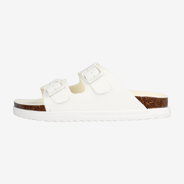 White sandal with brown sole on a white background
