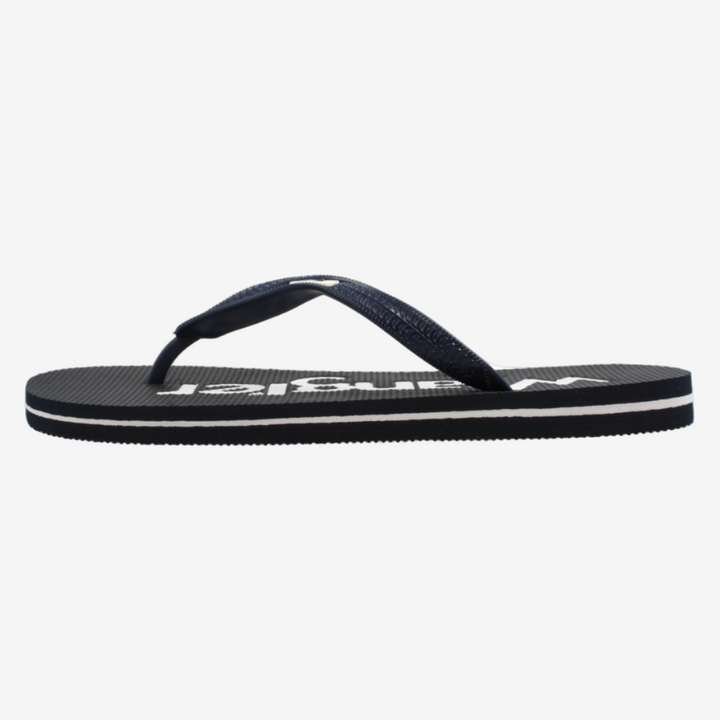 Black sandal with brand logo on a white background
