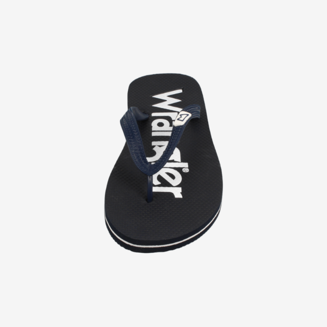 Black flip-flop sandal with 'Wander' logo on a white background