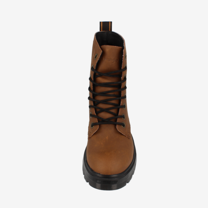 Brown boot with black sole on a white background