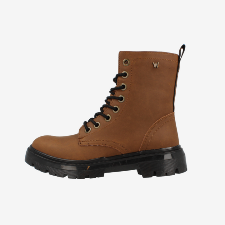 Brown leather boot with black sole on a white background
