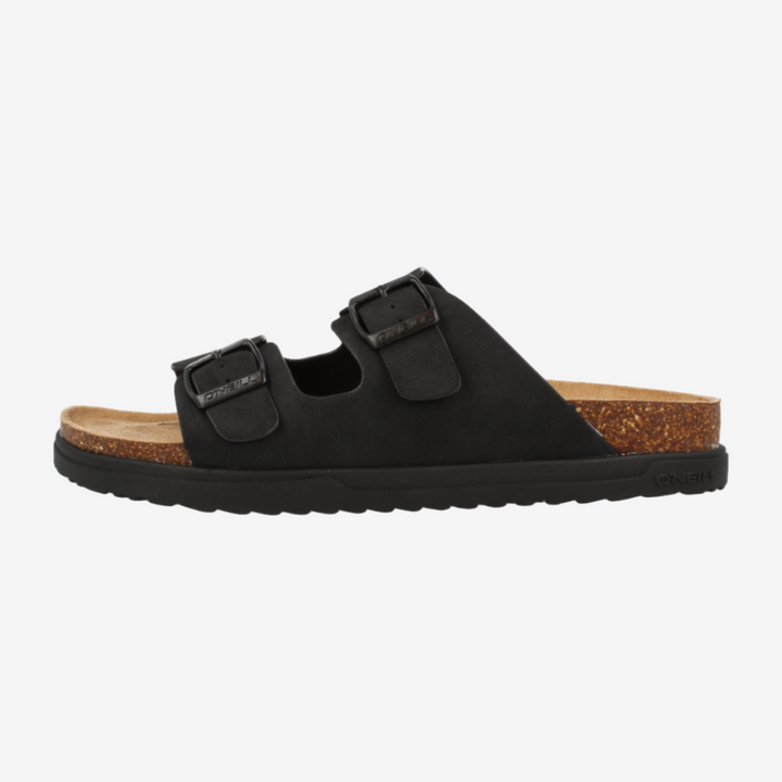 Black sandal with cork sole on a white background
