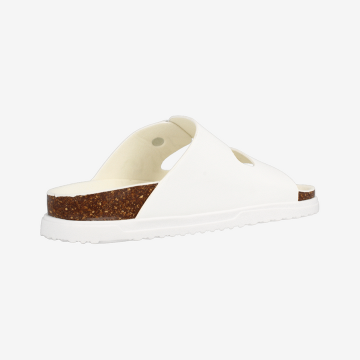 White slip-on shoes with brown accents on a white background