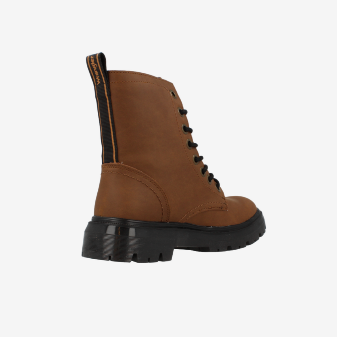 Brown boot with black sole on a white background