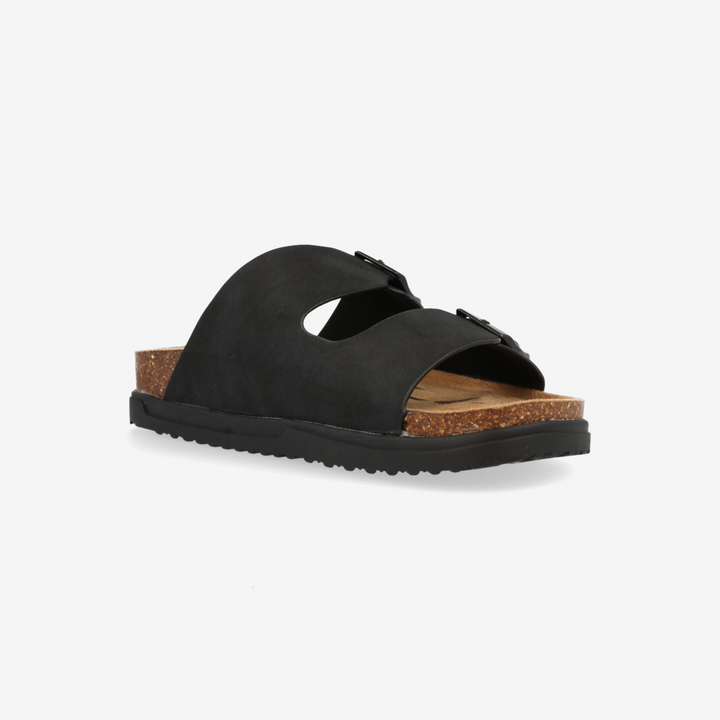 Black sandal with cork sole on a white background