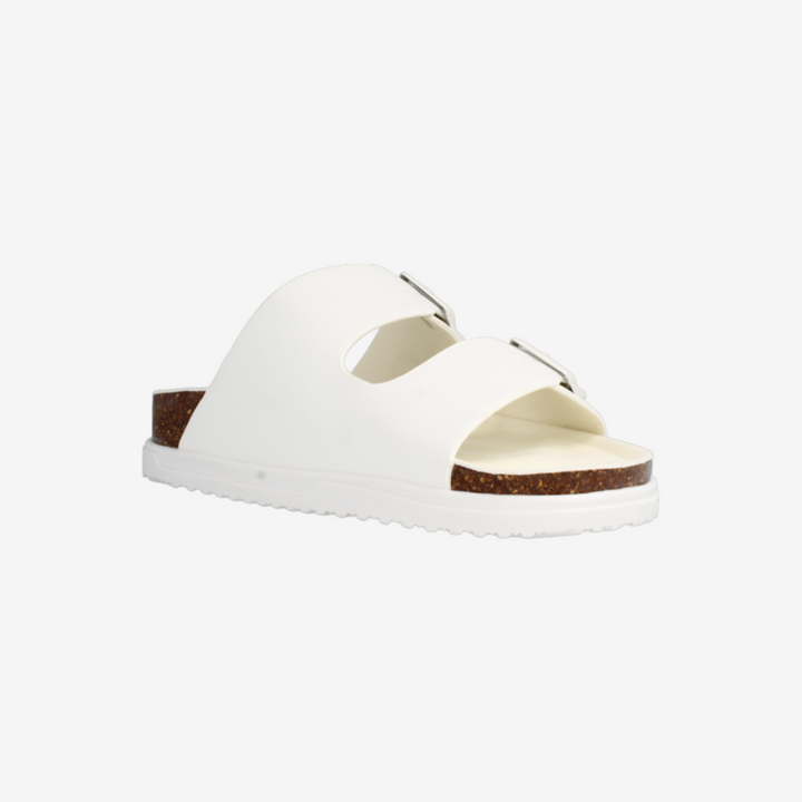 White sandal with brown accents on a white background