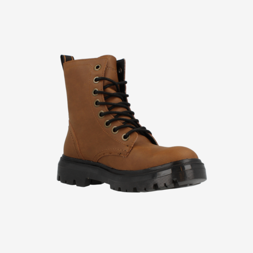 Brown leather boot with black sole on a white background
