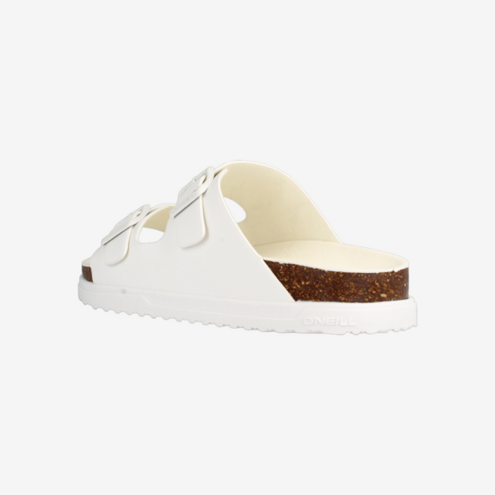 White sandal with a brown sole on a white background