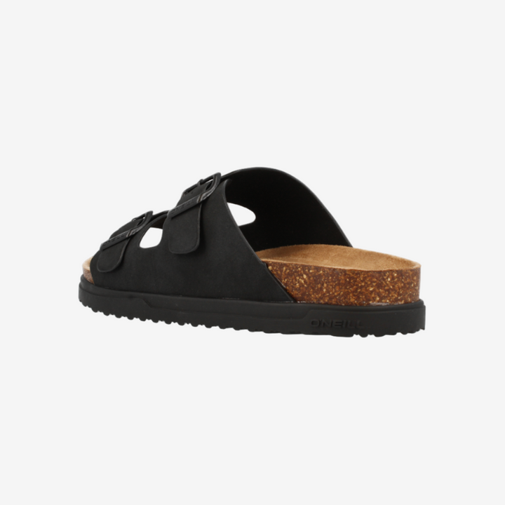 Black sandal with a cork sole on a white background