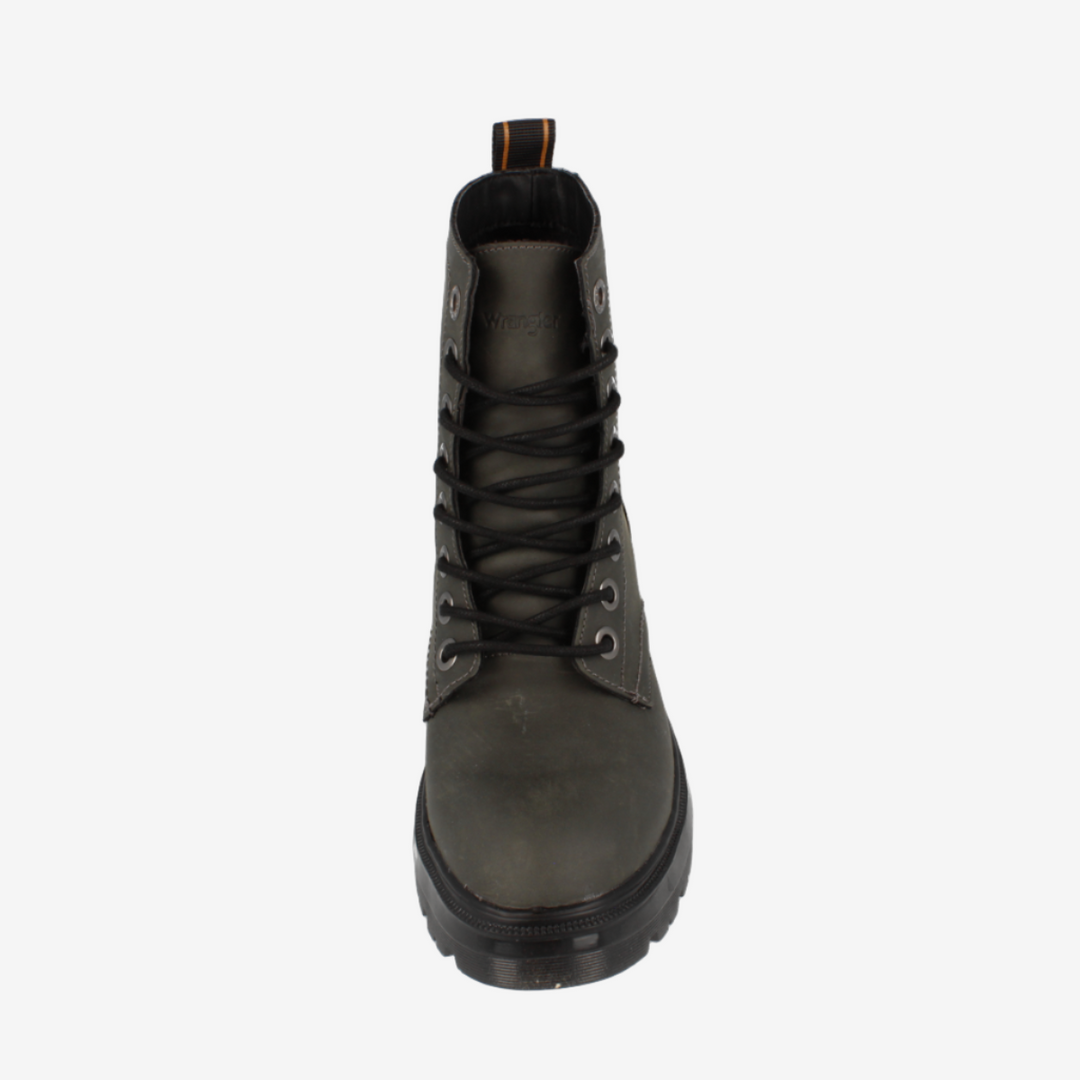 Black leather boot on a white background