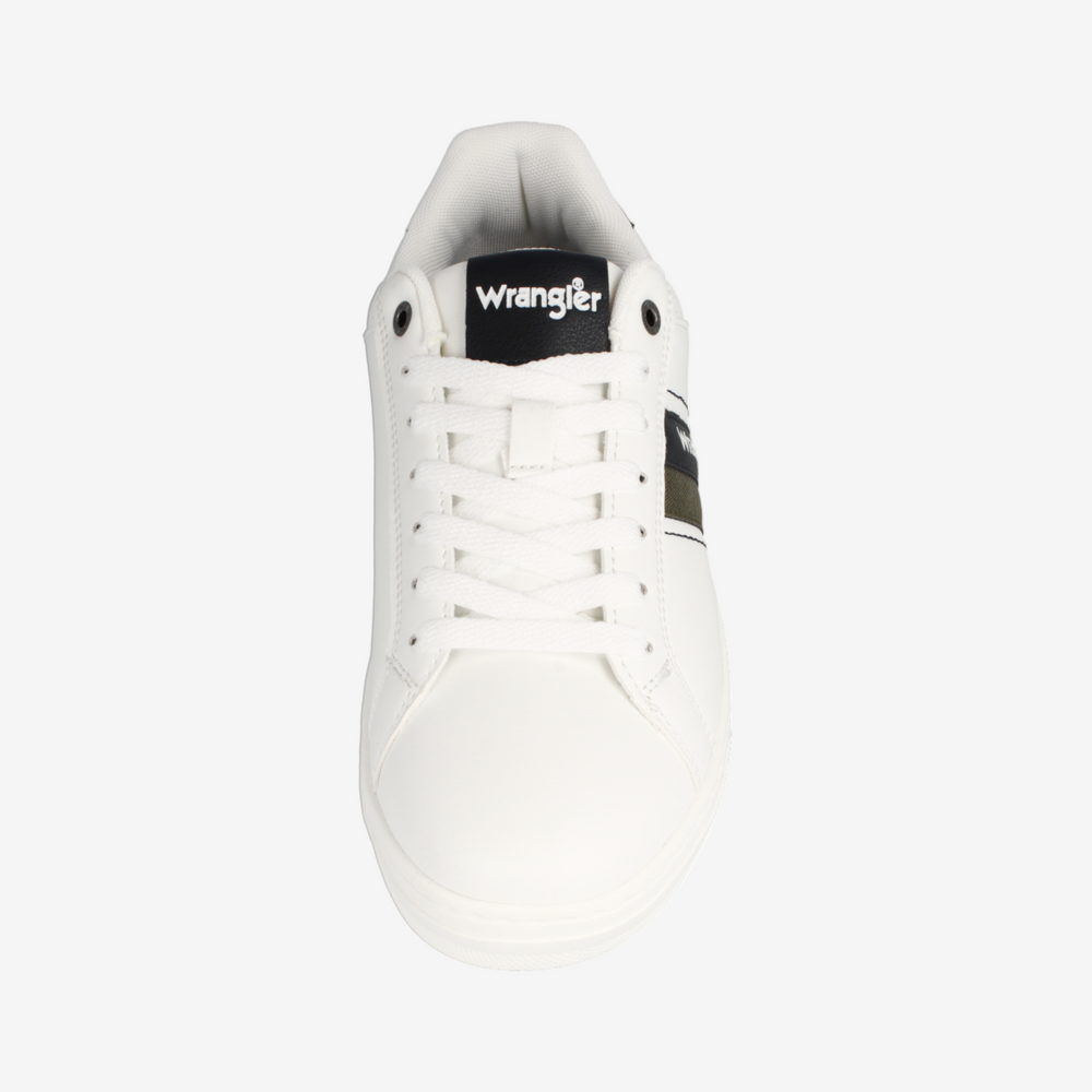 White sneaker with black sole and visible brand logo on a white background