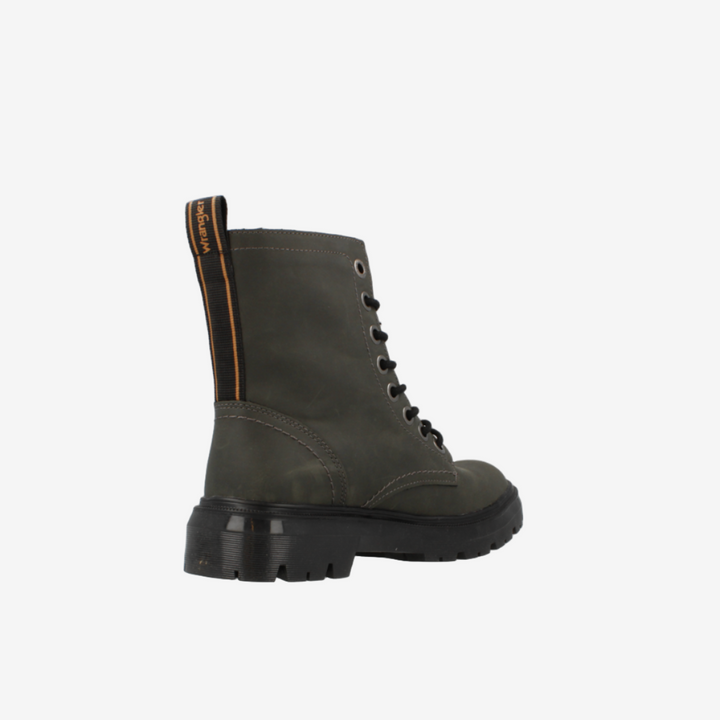 Green boot with brown trim on a white background