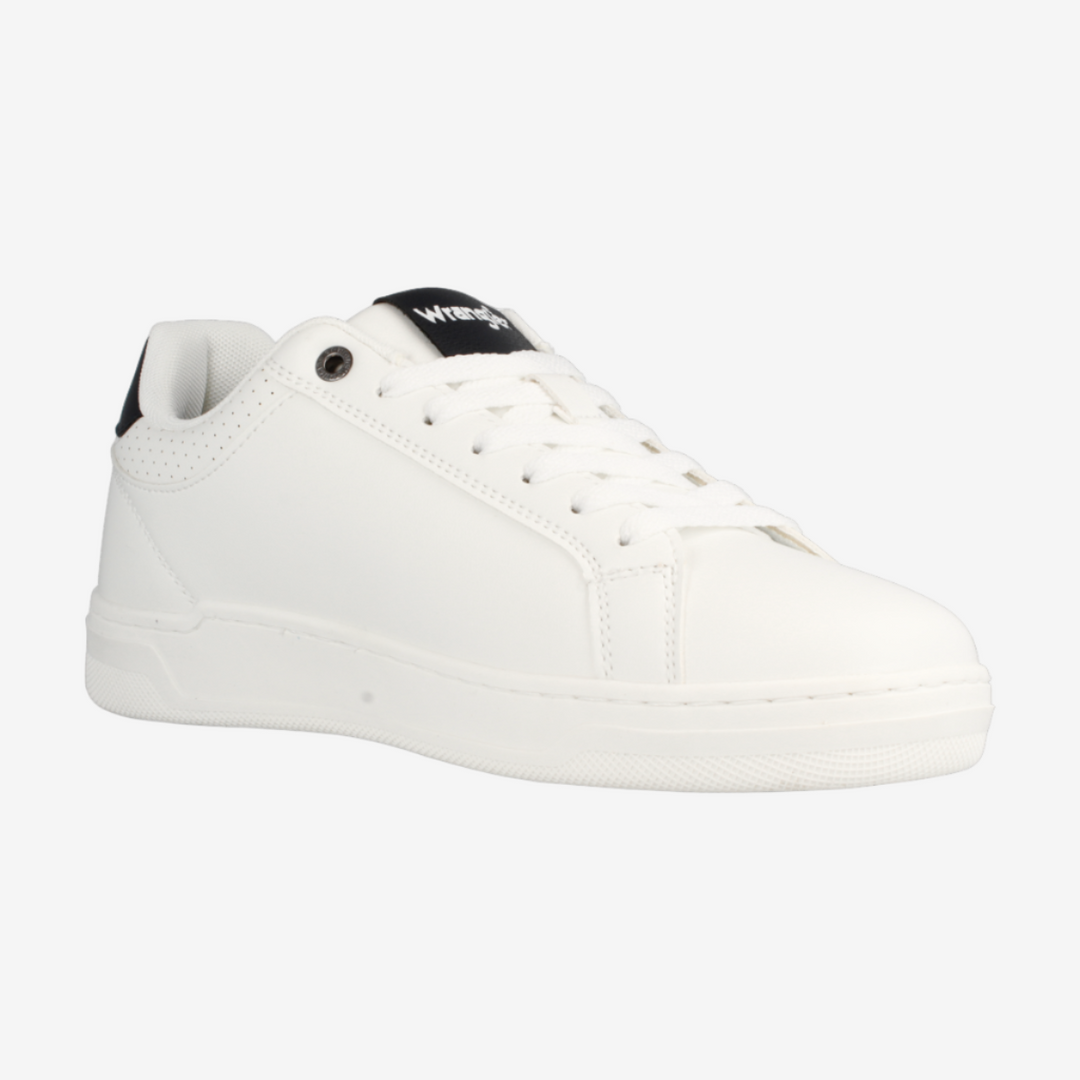 White sneaker with black accents on a white background