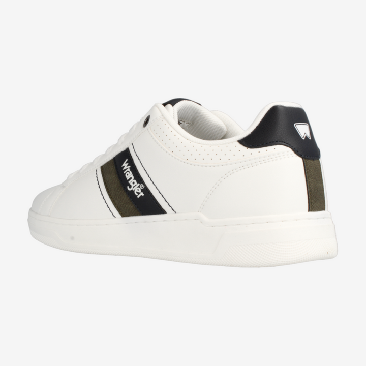 White sneaker with black accents on a white background