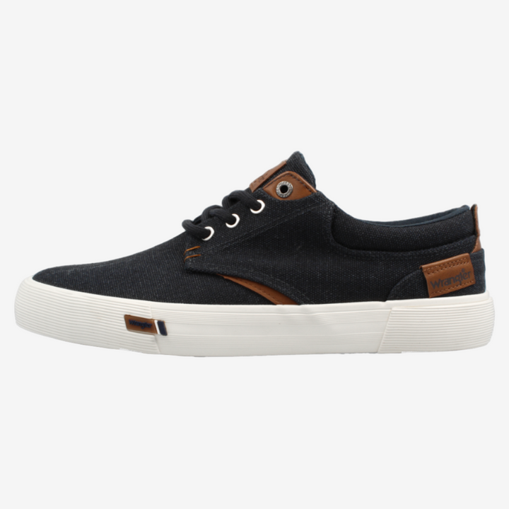 Black sneaker with brown accents on a white background