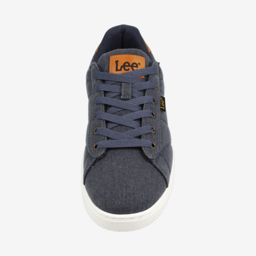 Blue denim sneaker with a visible brand logo on a white background