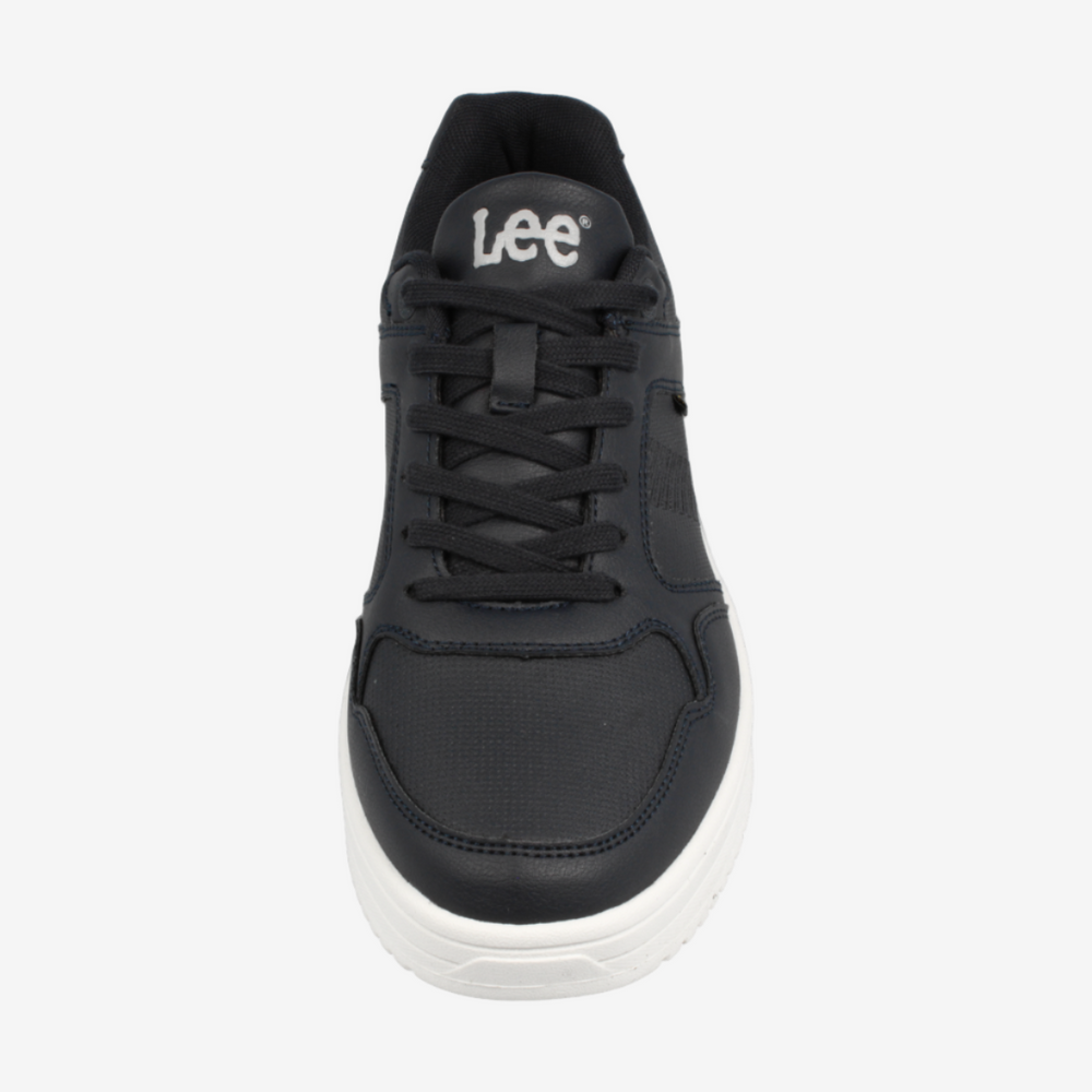 Black sneaker with 'Lee' branding on a white background
