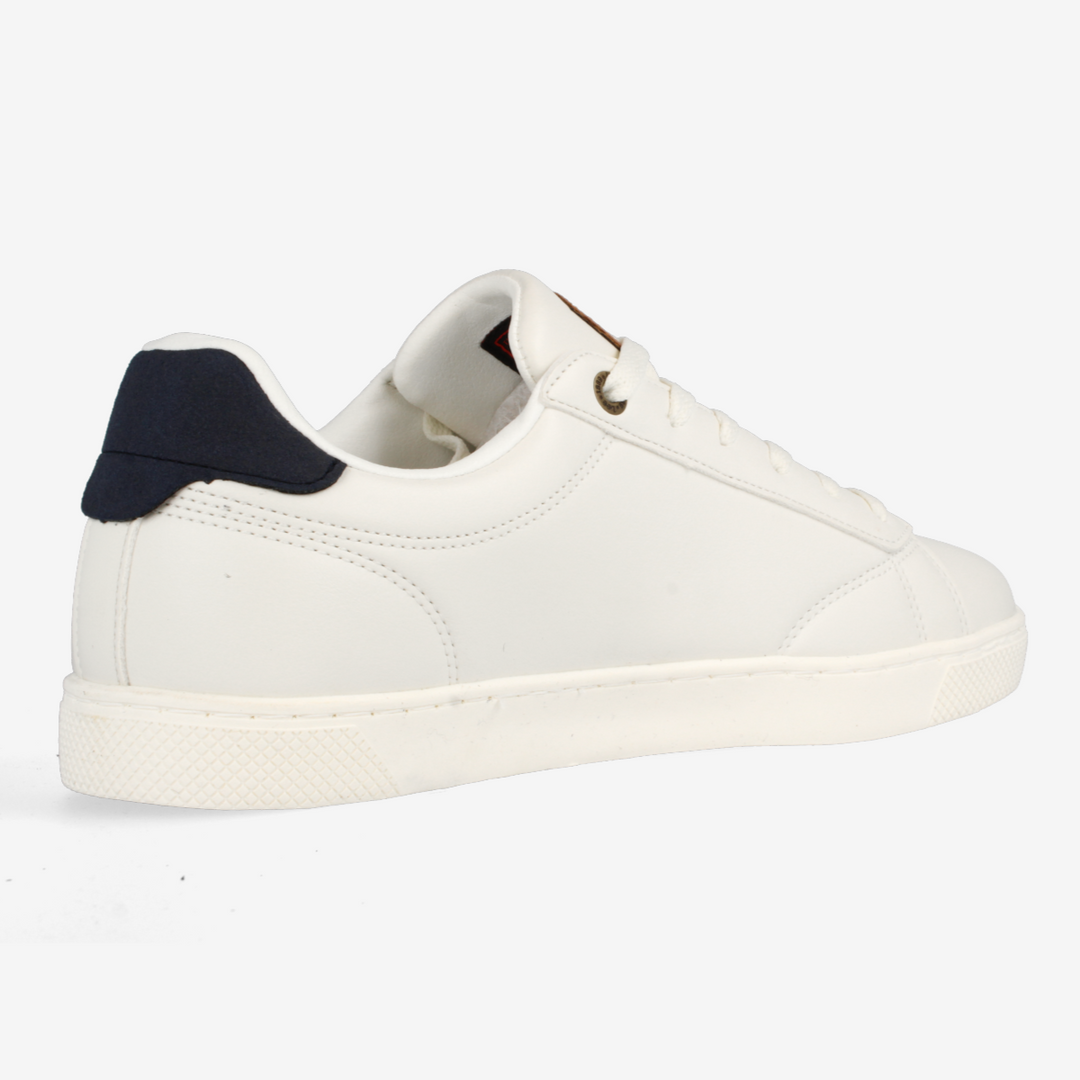 White sneaker with black heel on a white background
