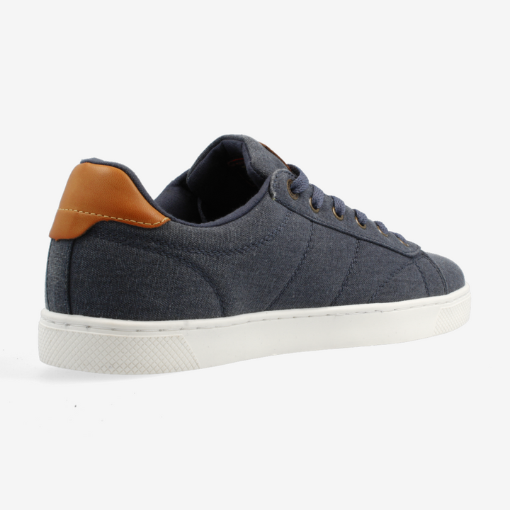 Blue sneaker with brown accents on a white background