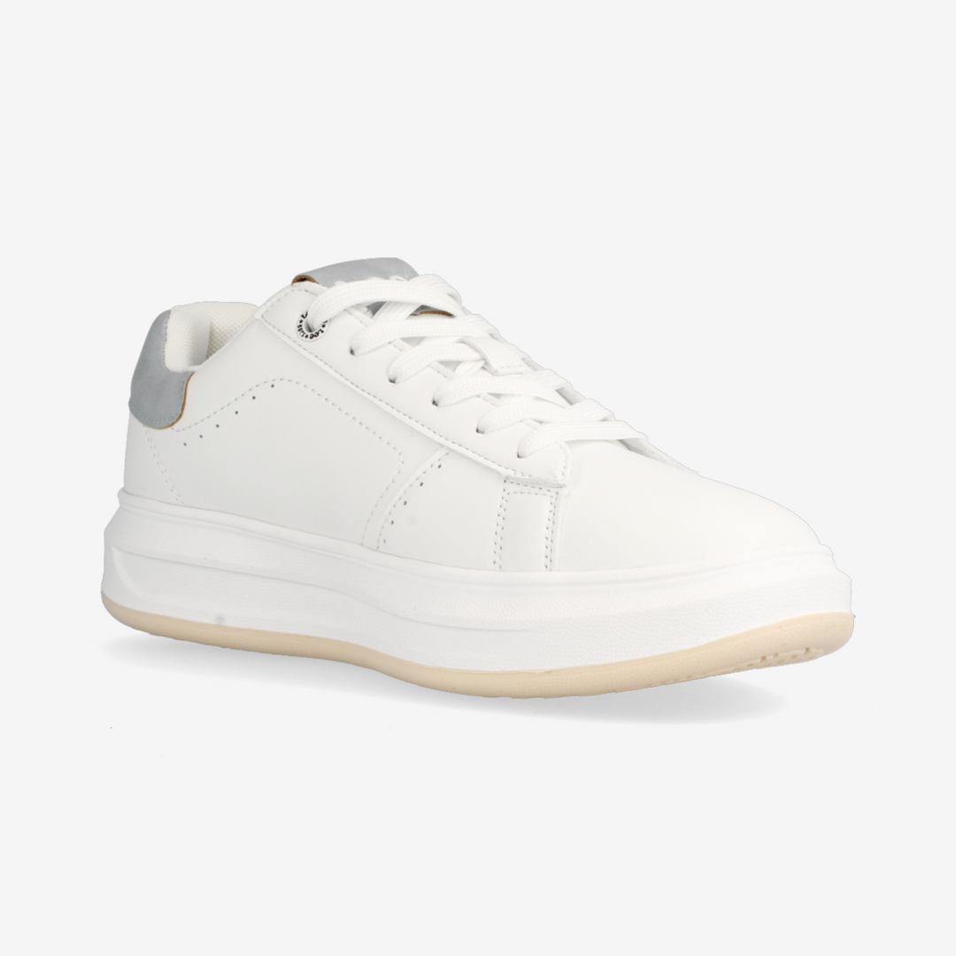 White sneaker with a gray accent on a white background