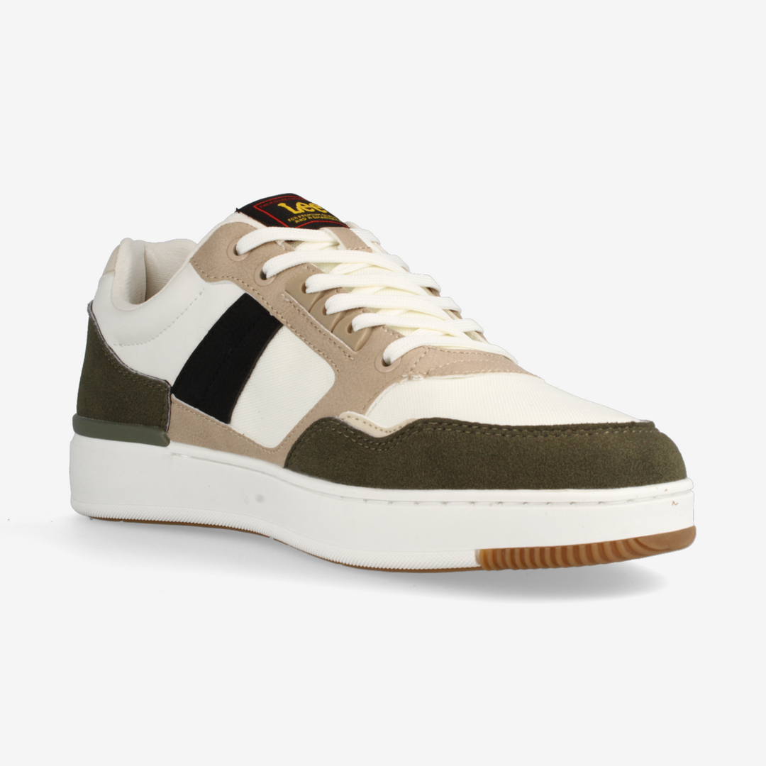 Sneaker with a white sole, beige sides, and brown accents on a white background