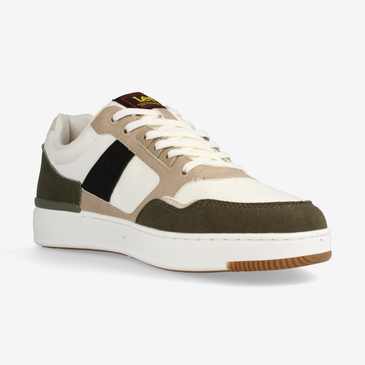 Sneaker with a white sole, beige sides, and brown accents on a white background