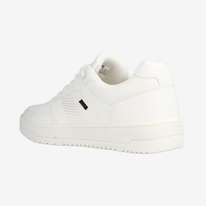 White sneaker with a small black logo on a white background