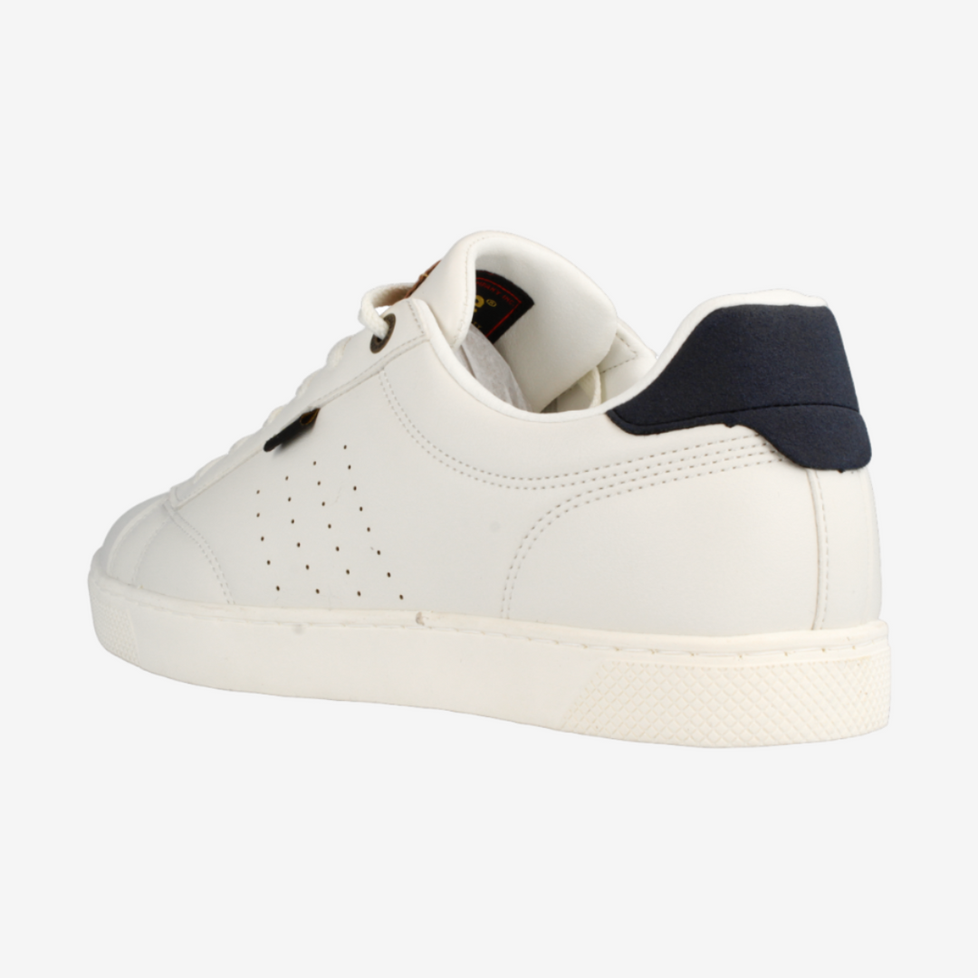 White sneaker with navy accents on a white background