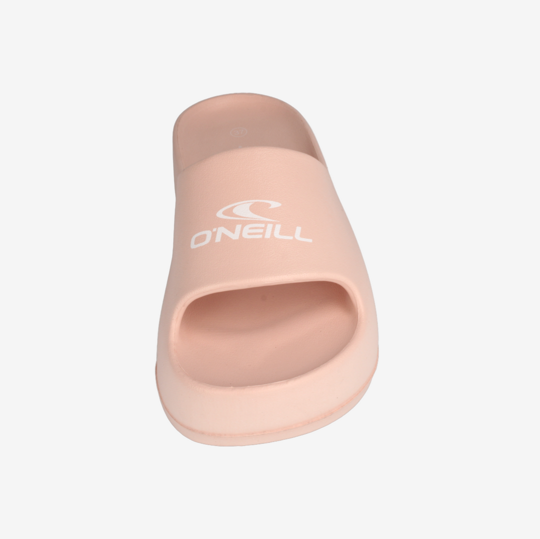 Pink slide sandal with 'O'Neill' logo on a white background