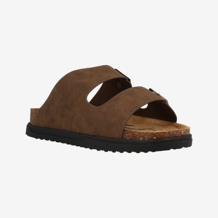 Brown sandal with a black sole on a white background