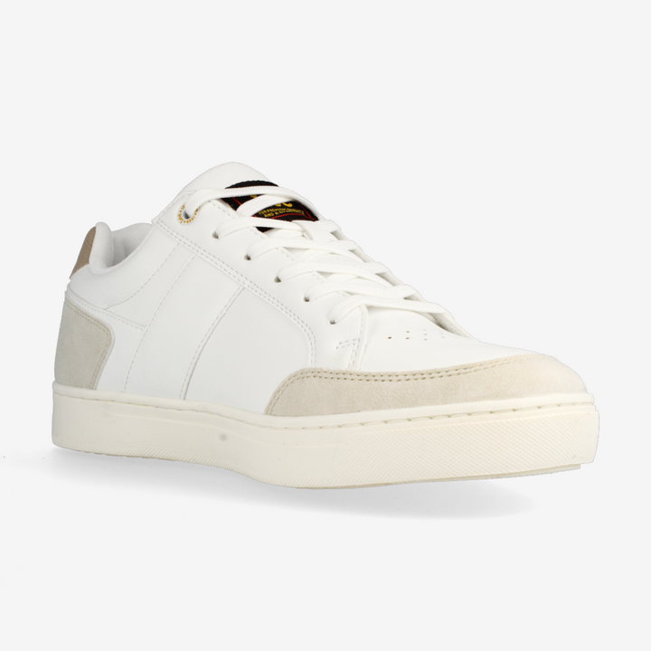 White sneaker with a black accent on a white background