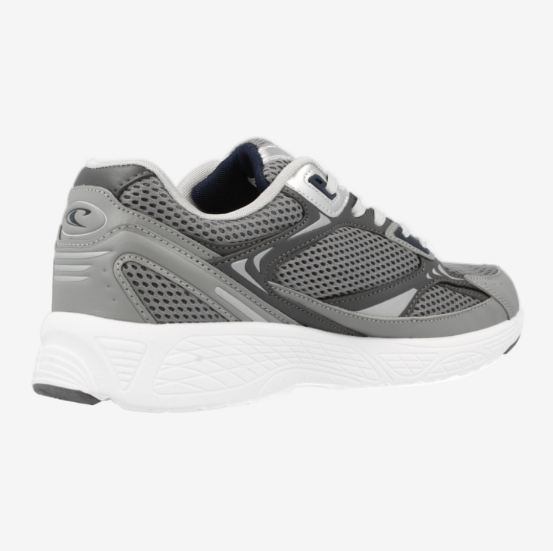 Gray athletic shoe with white sole on a gray background