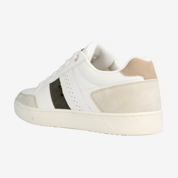 White sneaker with beige accents on a white background