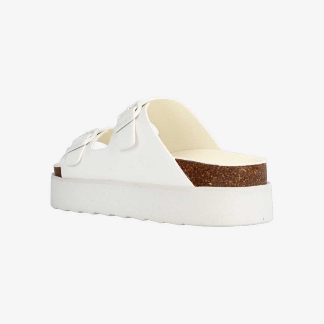White sandal with a brown sole on a white background