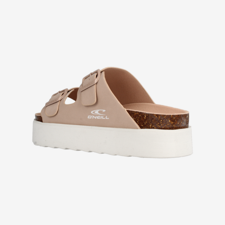 Tan sandal with a white sole on a white background