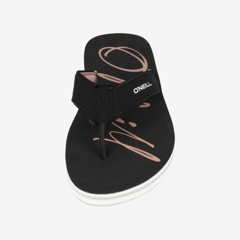 Black sandal with pink design on a white background