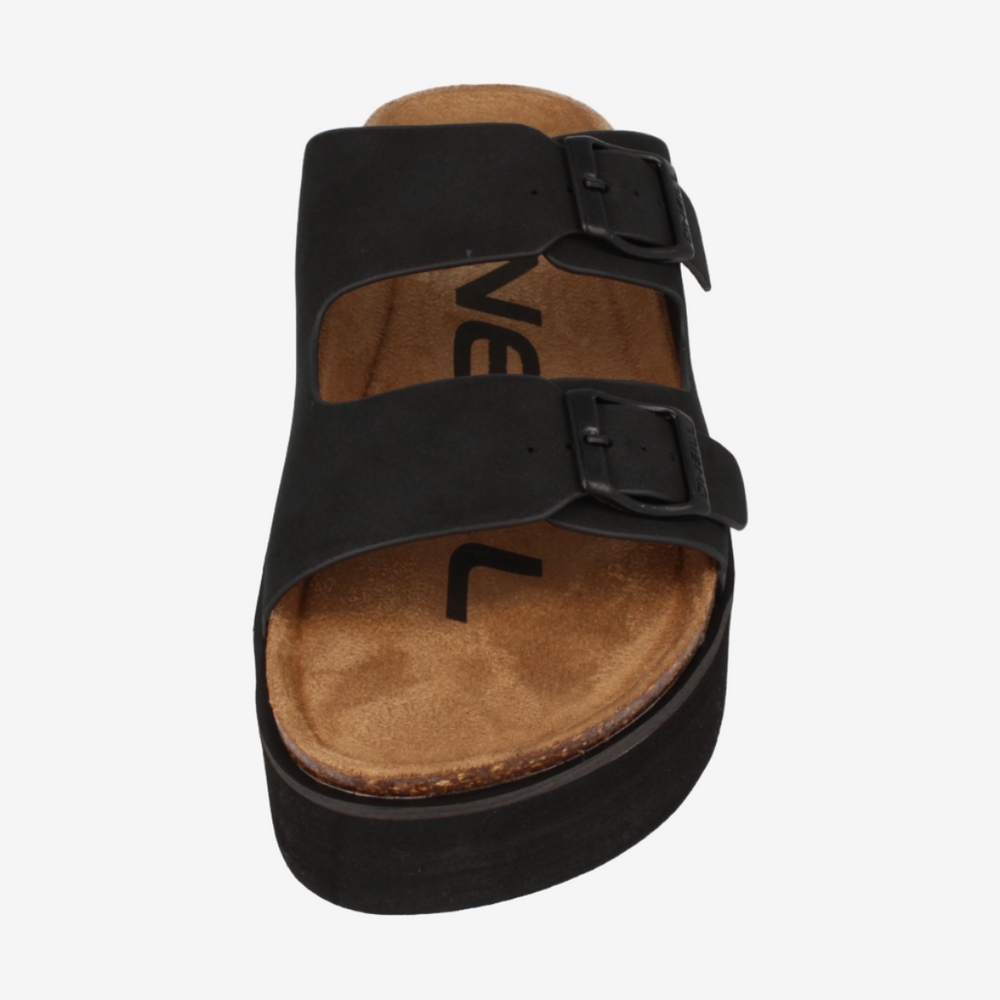 Black sandal with a brown sole on a white background