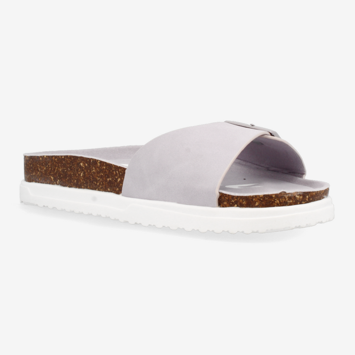 White sandal with cork sole on a white background