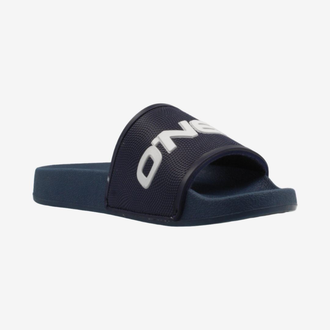 Navy slide sandal with white branding on a light gray background