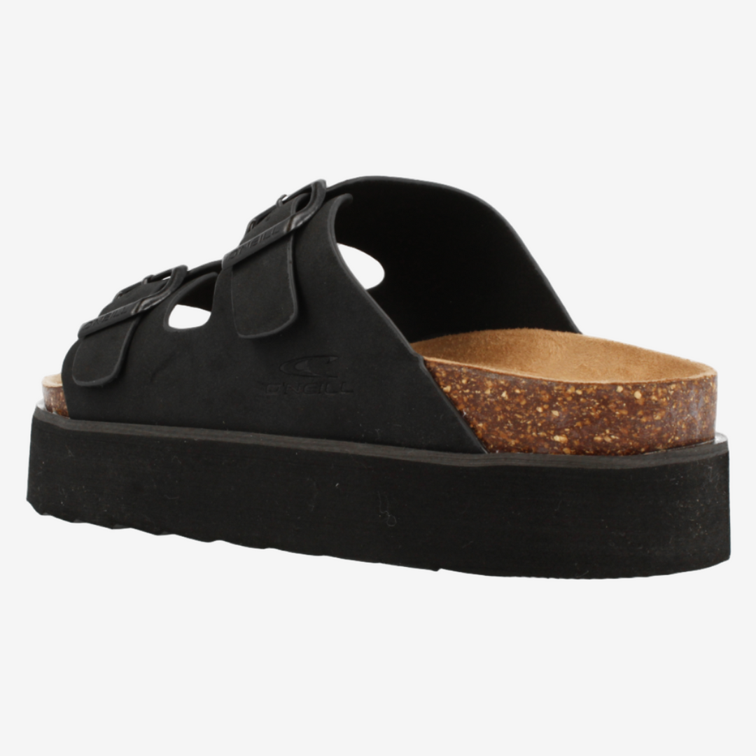Black sandal with cork platform on a white background