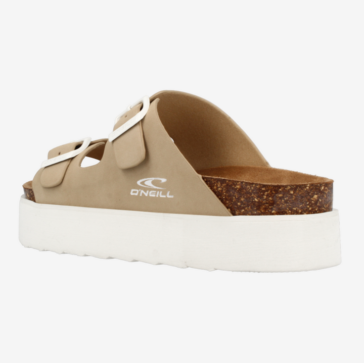 Tan sandal with cork sole on a white background