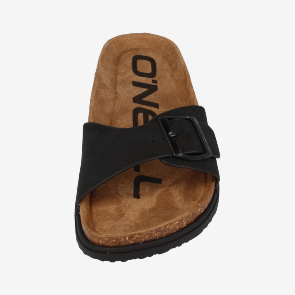 Black sandal with brown sole on a white background