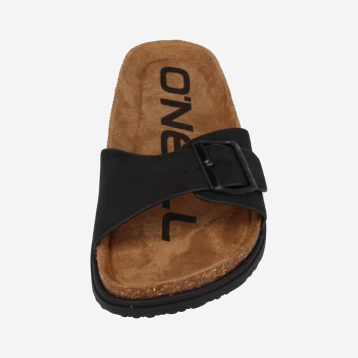 Black sandal with brown sole on a white background