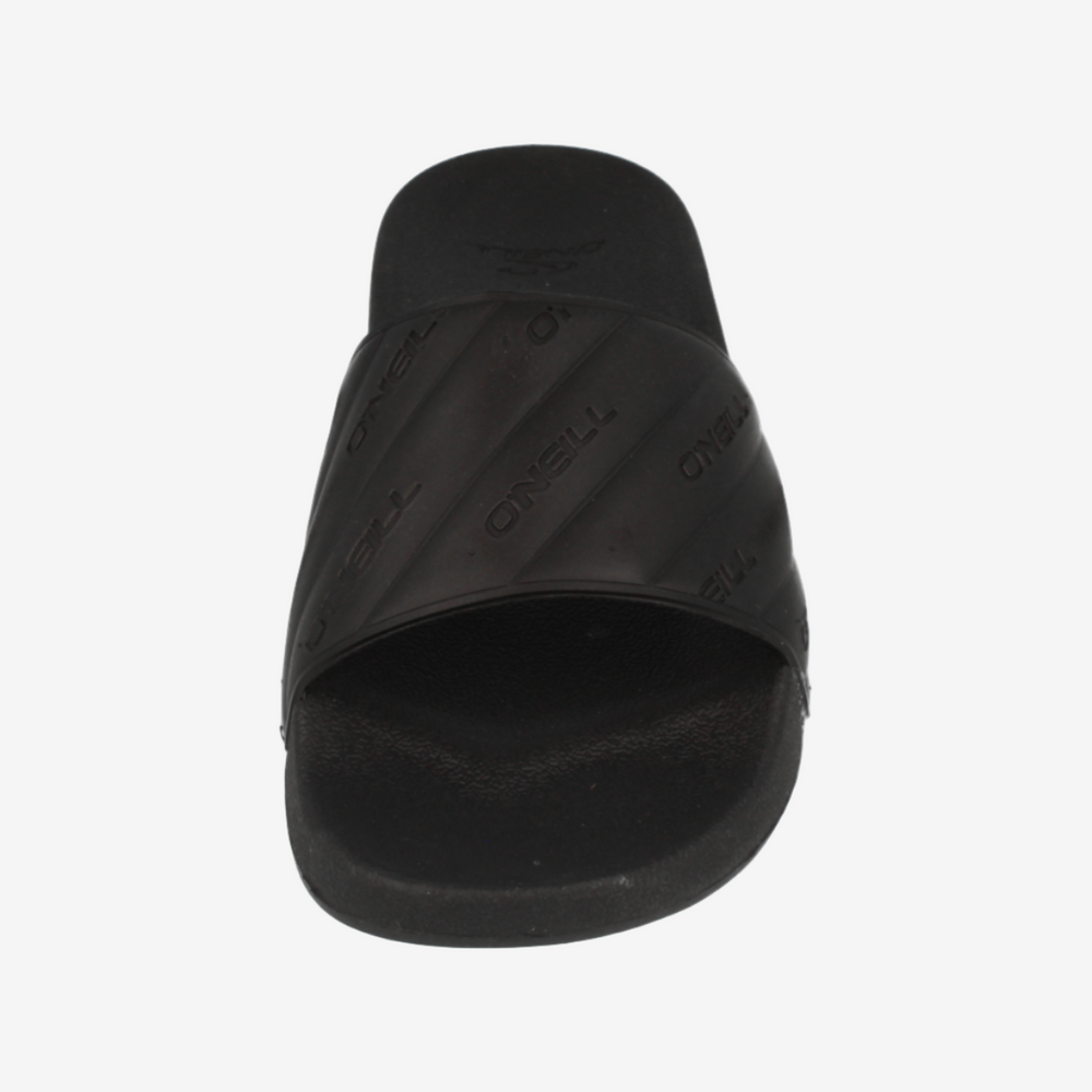 Black slide sandal on a white background